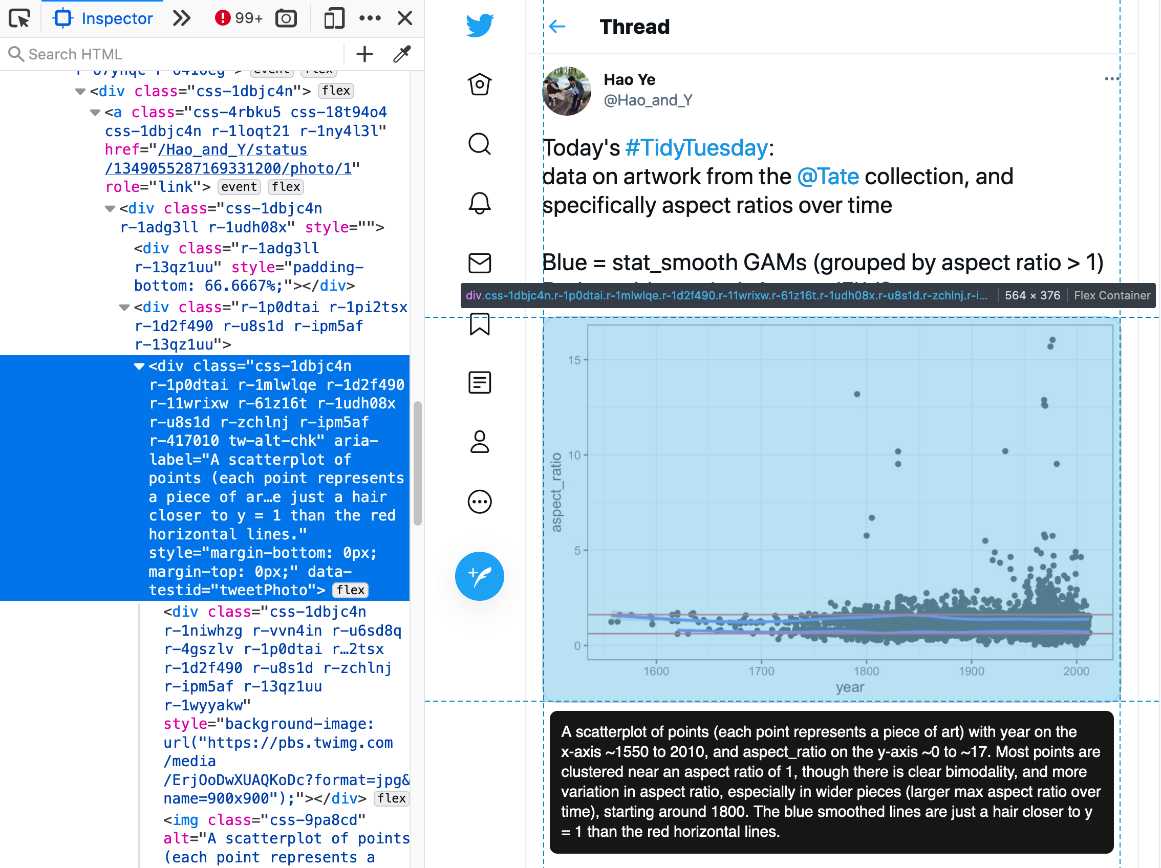 Web inspection tool being used to identify the CSS selector corresponding to the primary image of one of Hao Ye's (@Hao_and_Y) tweets with alt text