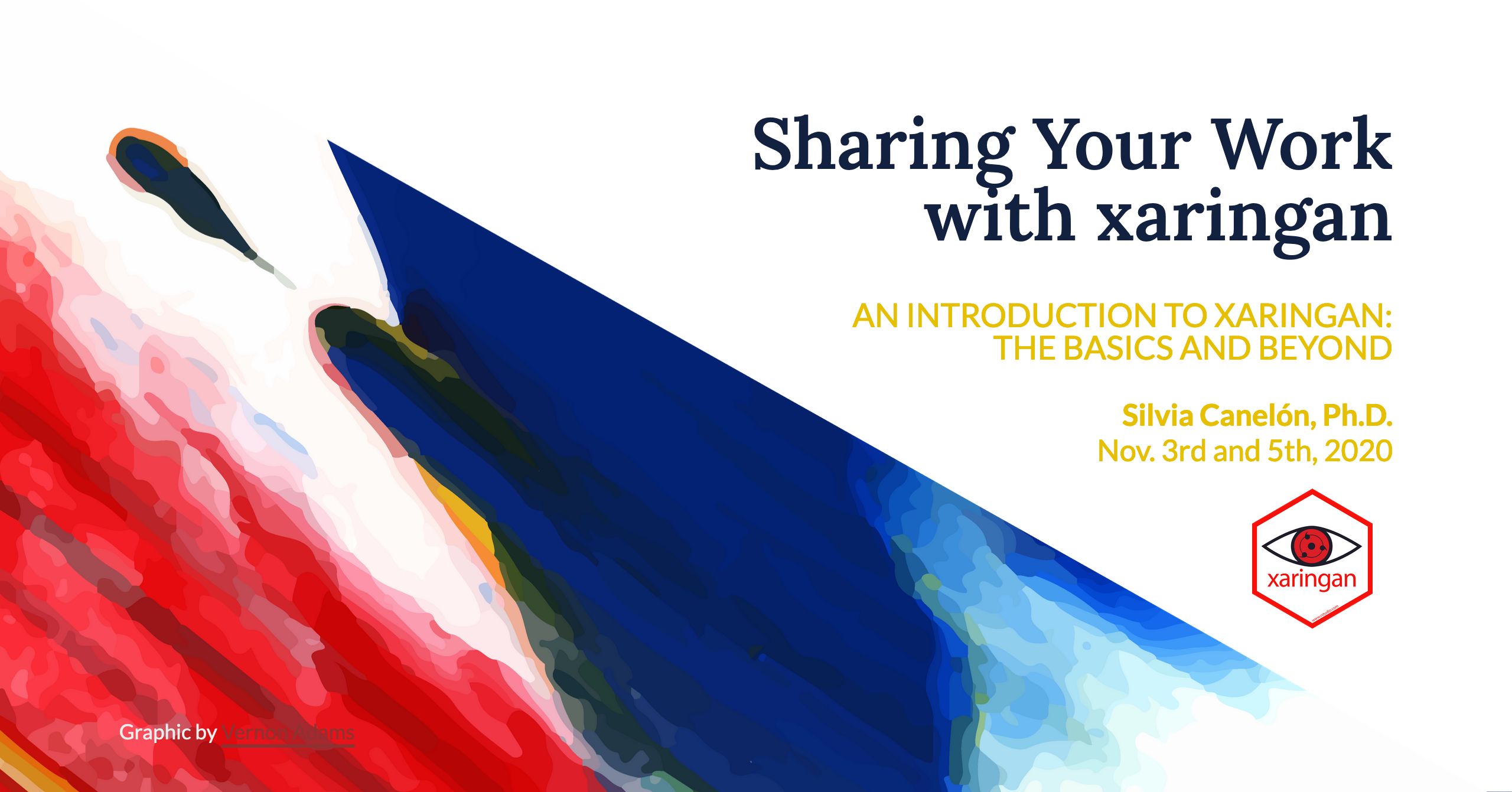 Cover image for the two day workshop with the title (same as this page) and the subtitle 'An Introduction to xaringan: the Basics and Beyond'. My name is listed as well as the dates November 3rd and 5th of 2020. The image features some blue, red, and yellow artwork in the background and the hex logo for the xaringan package in the lower right corner.