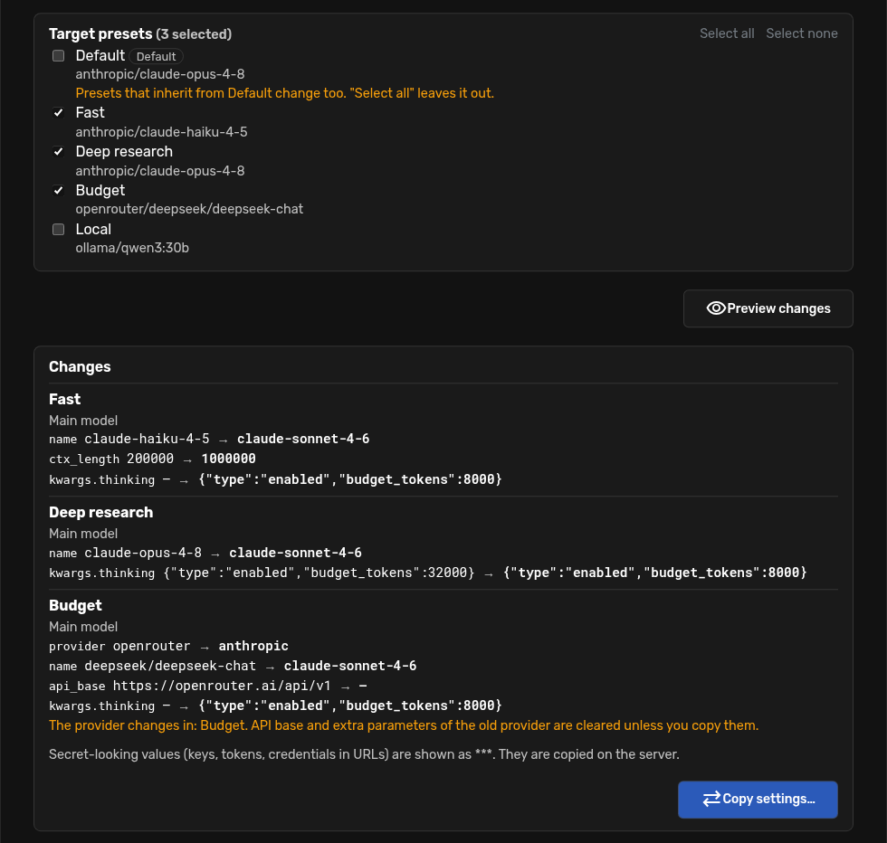 Preview of the effective changes in each target preset