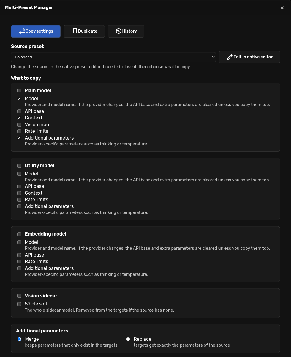 Copy settings: choose the source preset and which groups of settings to copy