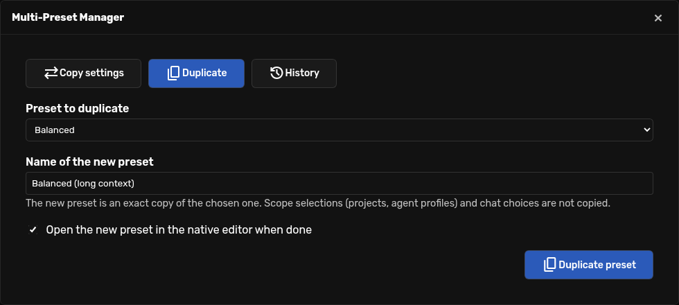 Duplicate a preset under a new name