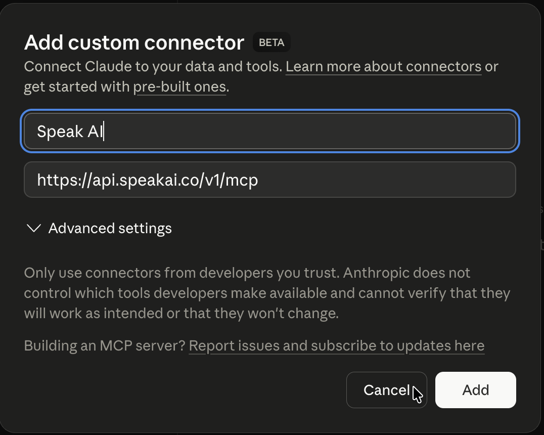 Claude add custom connector dialog