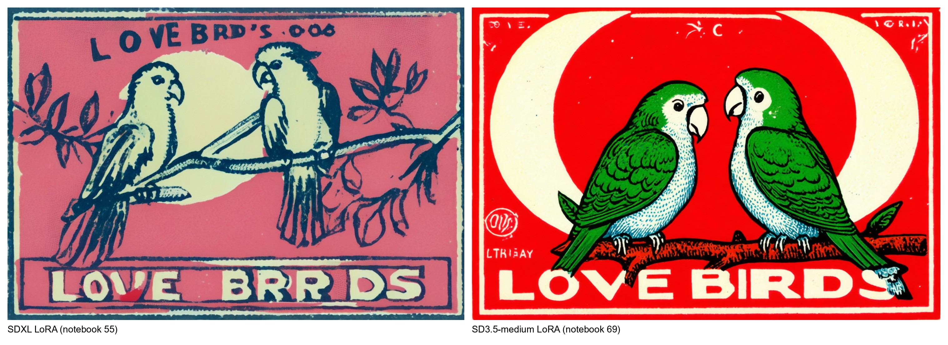 LOVE BIRDS: SDXL LoRA left, SD3.5-medium LoRA right