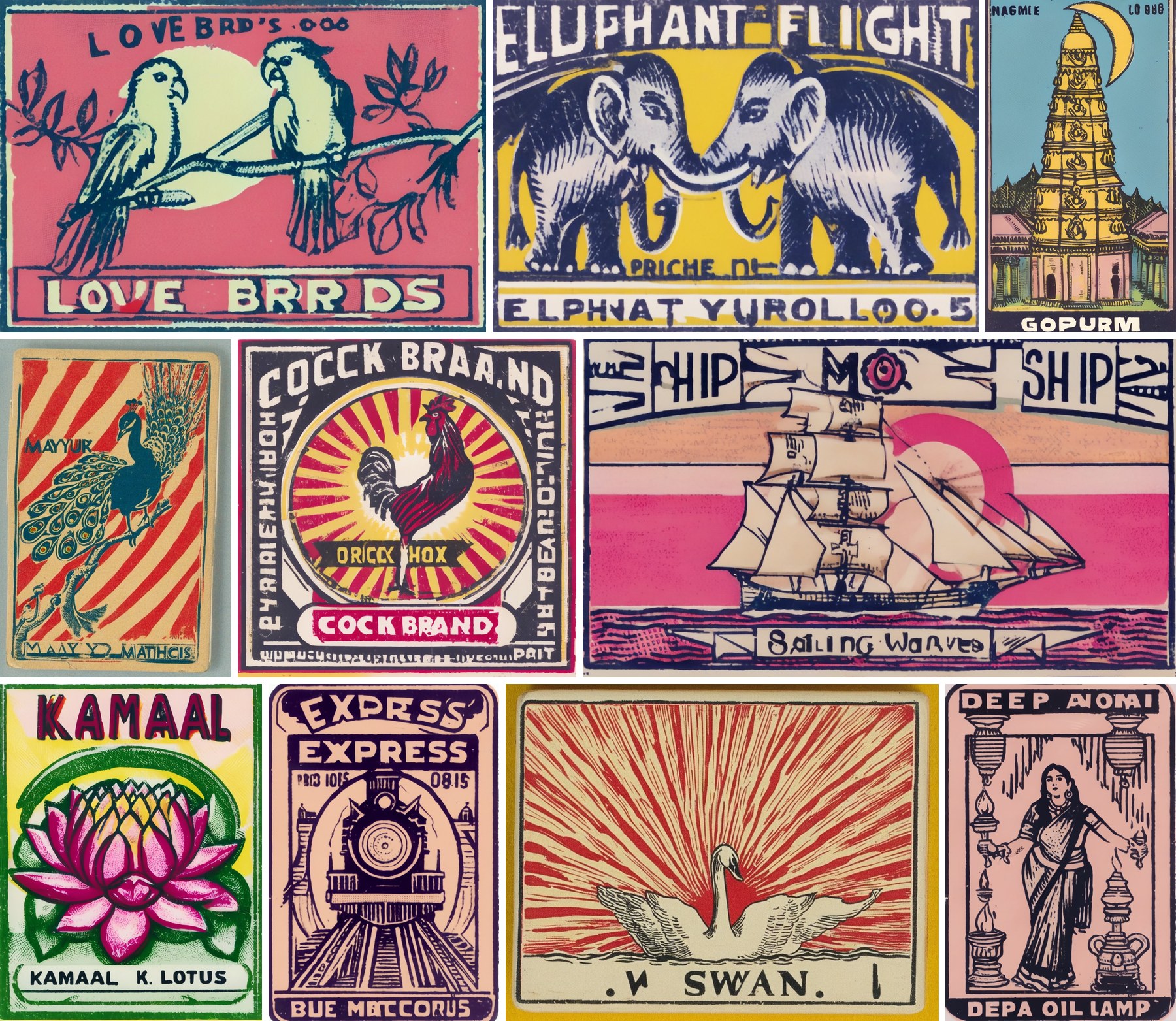 Ten matchbox labels generated by the SDXL LoRA: love birds, elephant fight, gopuram, Mayur peacock, cock brand, sailing ship, Kamal lotus, Express locomotive, swan brand, Deepa oil lamp