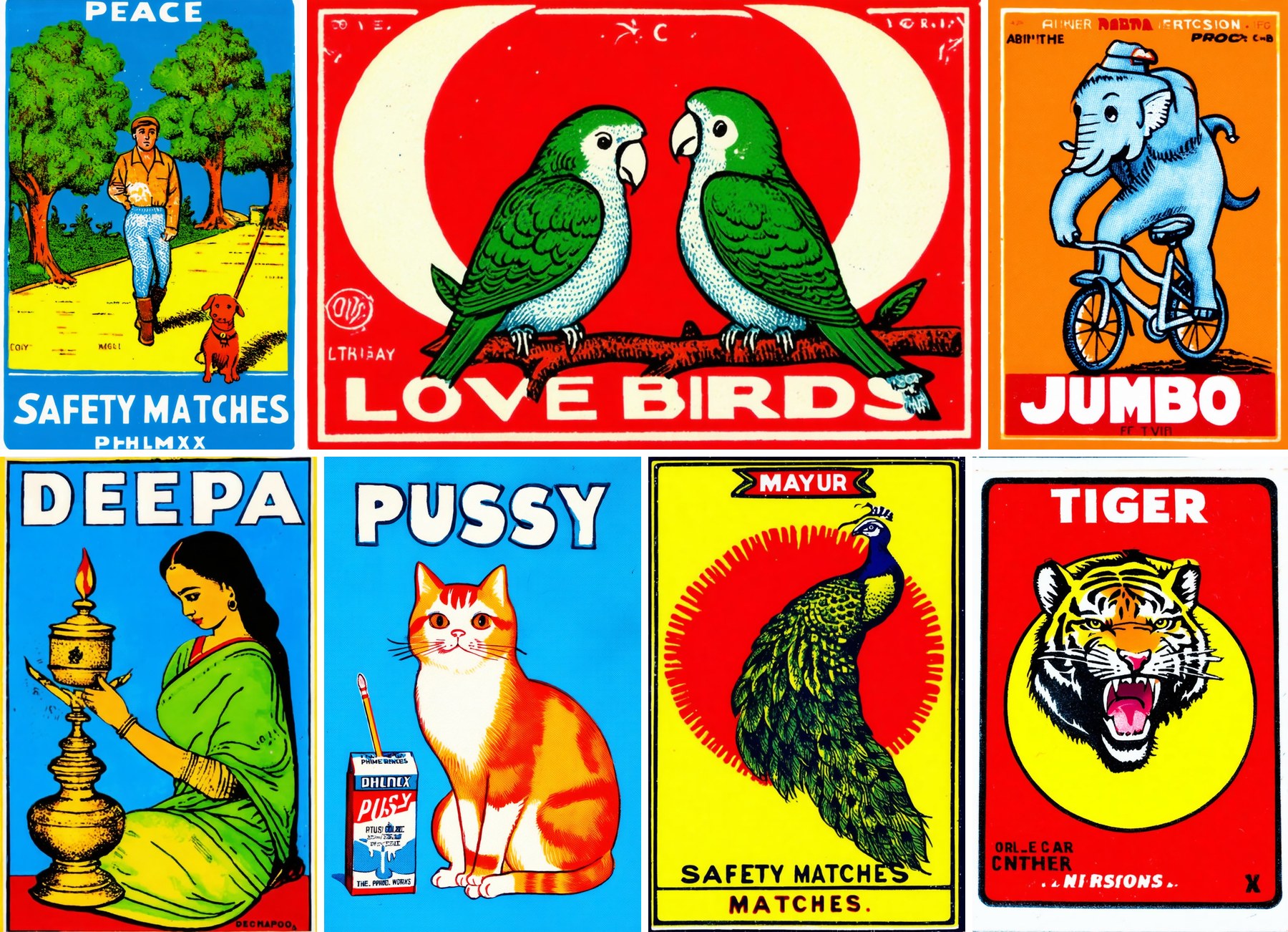 Seven matchbox labels generated by the SD3.5-medium LoRA: PEACE, LOVE BIRDS, JUMBO, DEEPA, PUSSY, MAYUR, TIGER