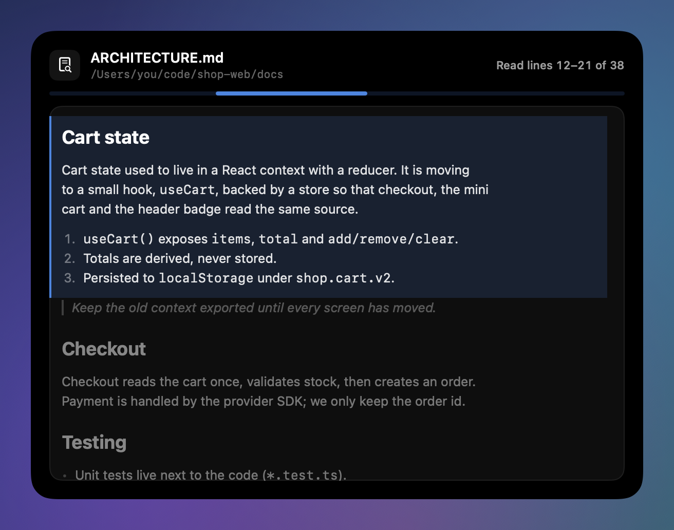 A Read step: the lines being read lit up in a rendered markdown document