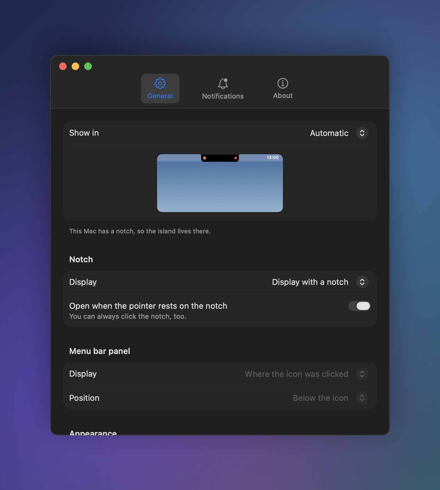The General tab of the Herdr Island settings window