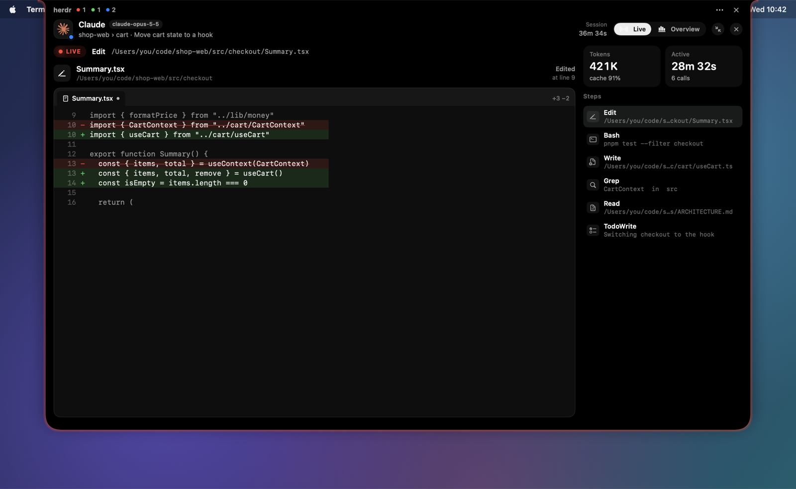 The full-size live stage: an Edit diff with real line numbers and the step list on the right