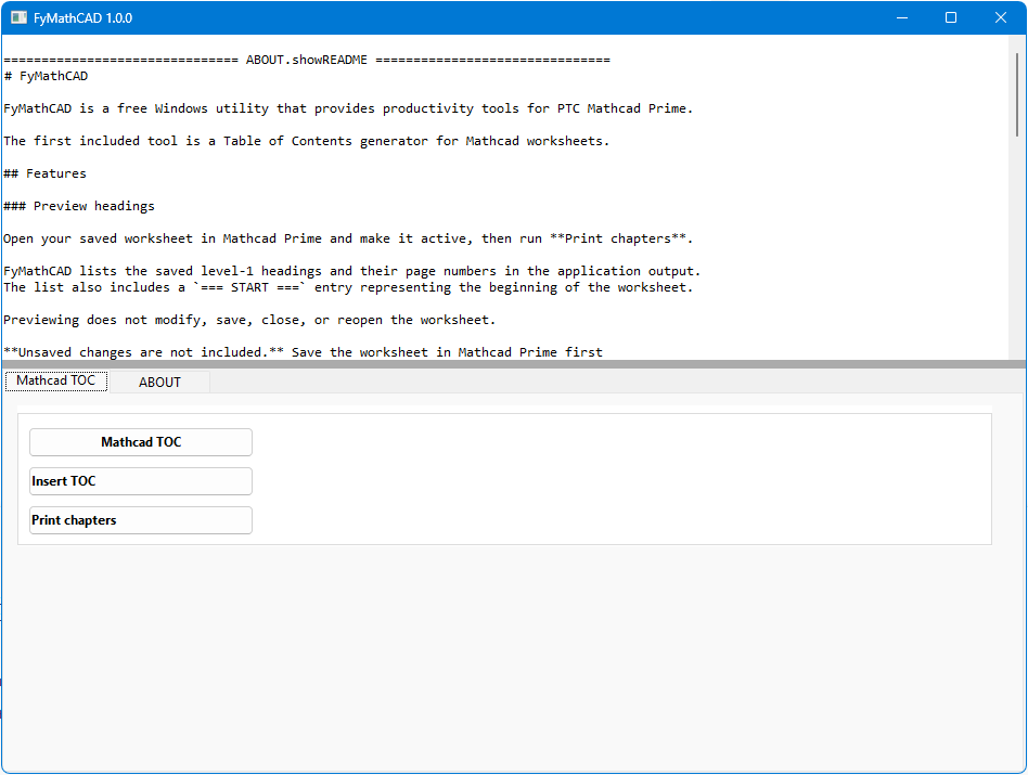 FyMathcad showing the table of contents tool for Mathcad worksheets