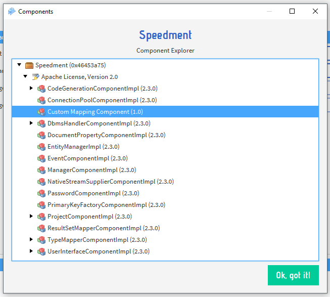 The components dialog of the Speedment UI