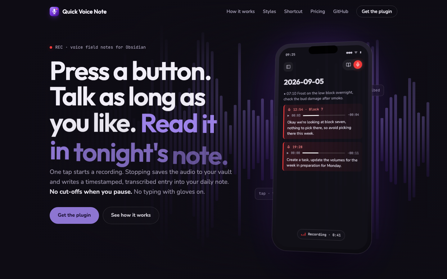 Quick Voice Note: a daily note on a phone with the red record button in the header and two transcribed voice memos