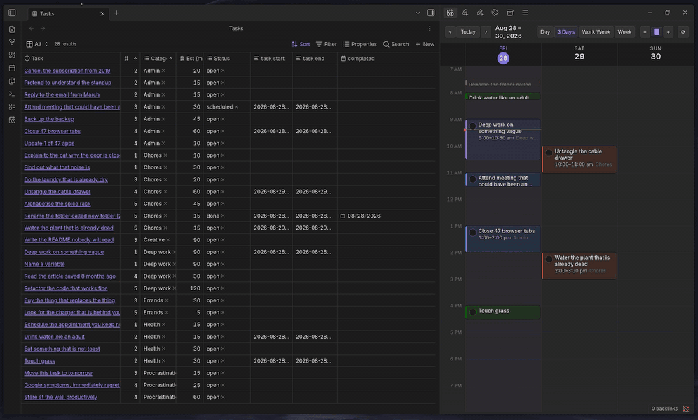 Task Calendar in action: dragging tasks from a Base onto the planner grid