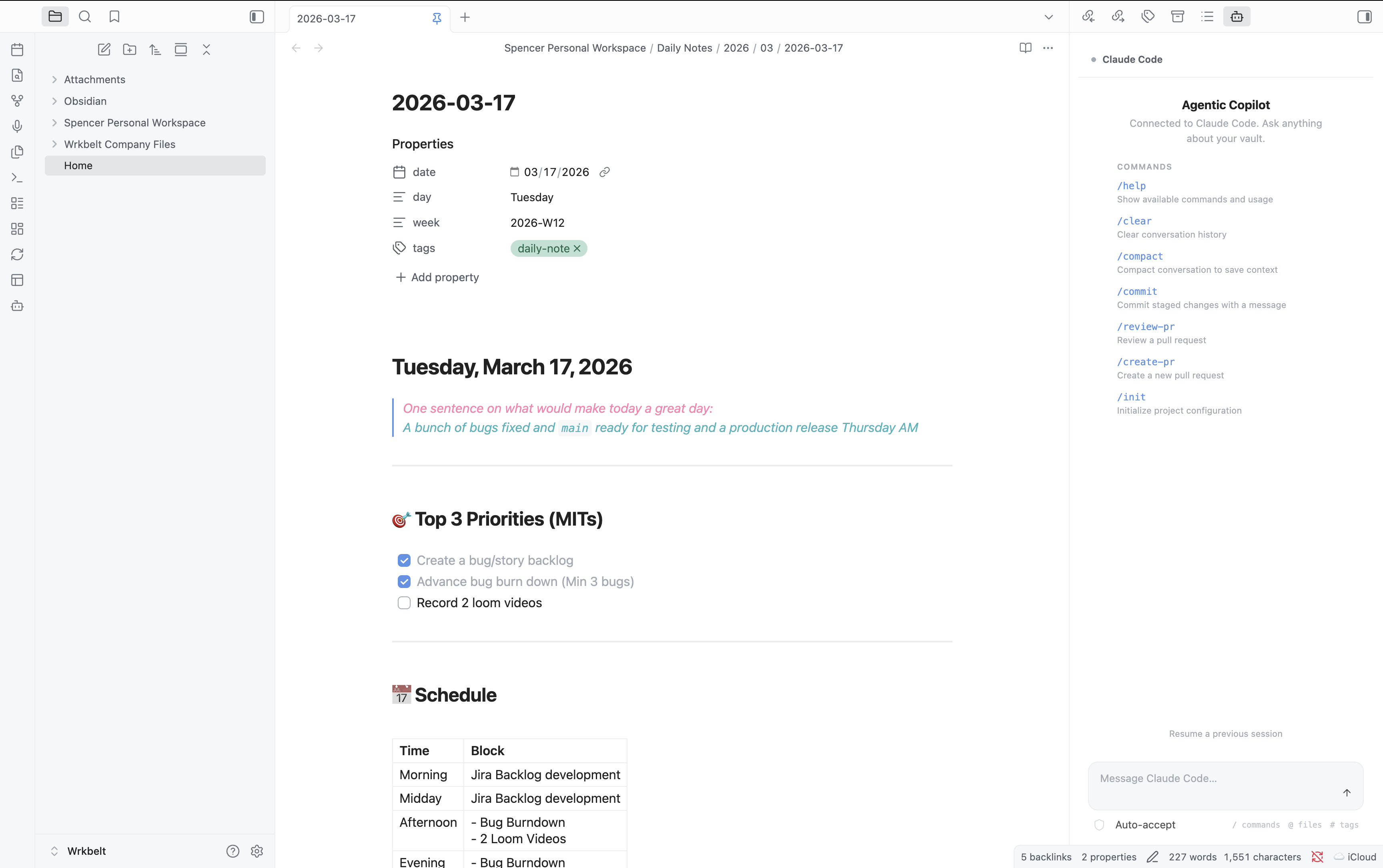 Agentic Copilot — Claude Code running inside Obsidian