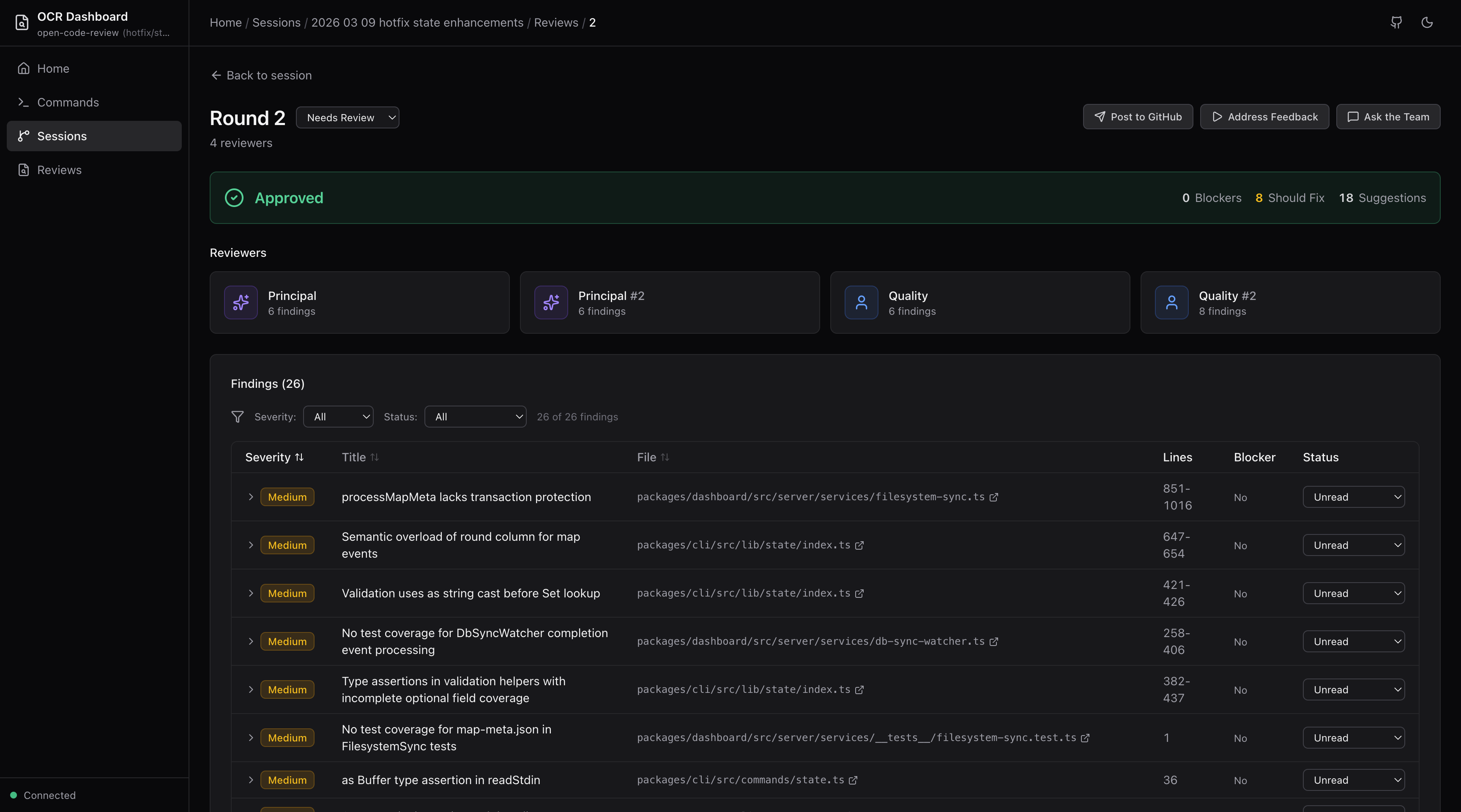 OCR review output with findings