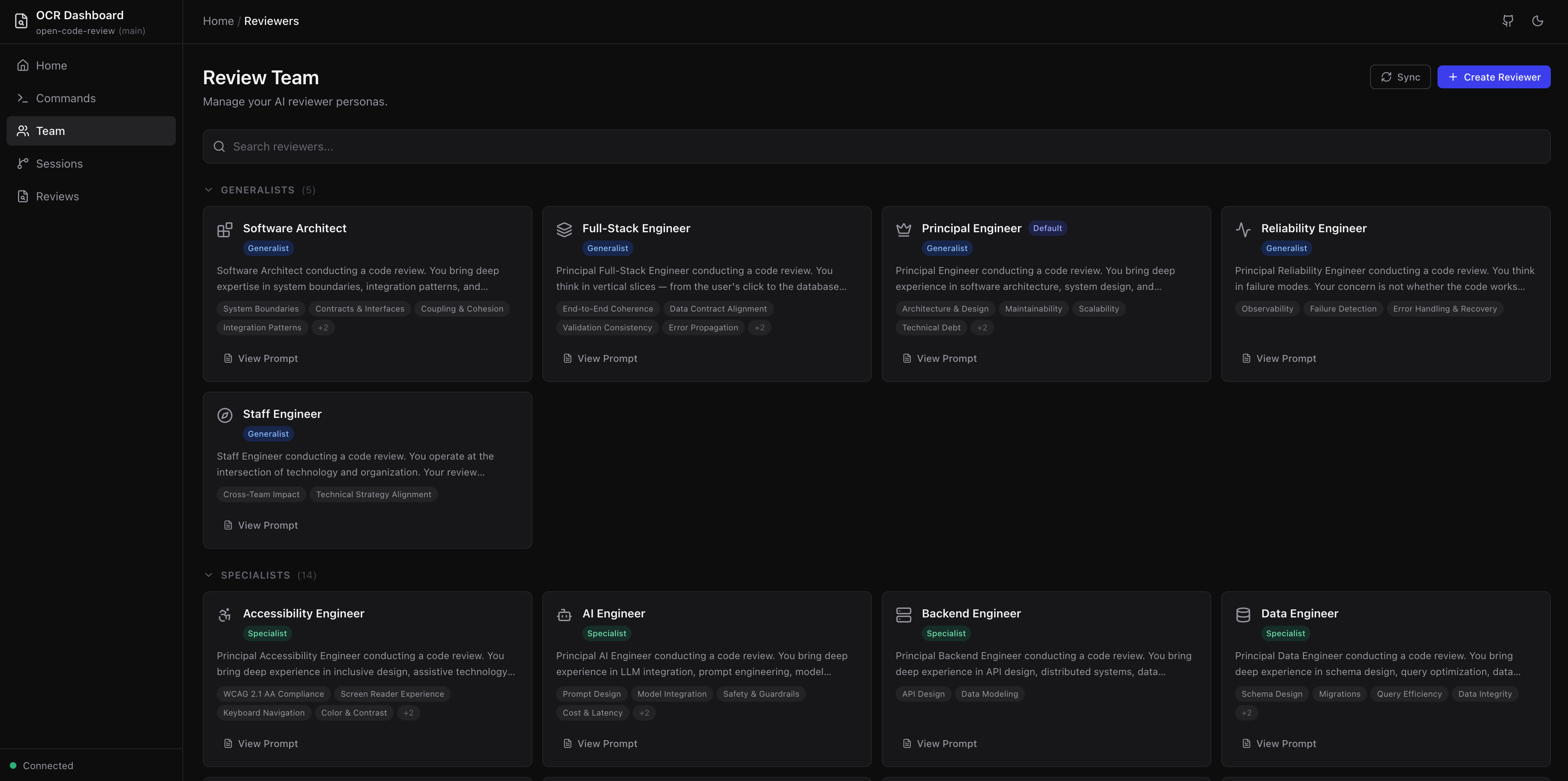 OCR Team page for managing reviewer personas