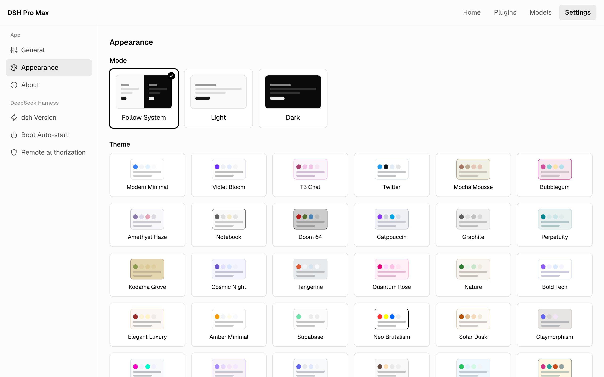 42 theme families with light / dark / system modes