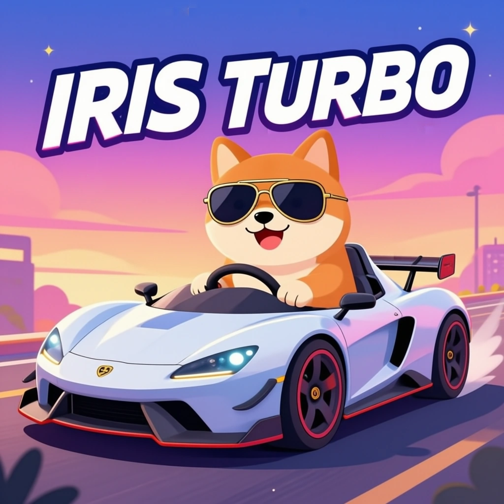 Iris-3B Turbo sample: a shiba inu in aviator sunglasses driving a supercar under the words IRIS TURBO