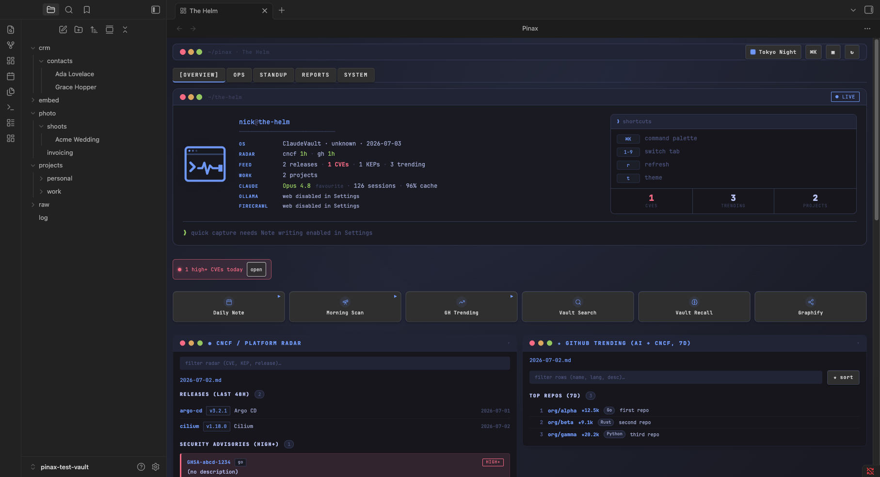 The Helm profile: multi-tab dashboard with hero, alerts, and radar panes