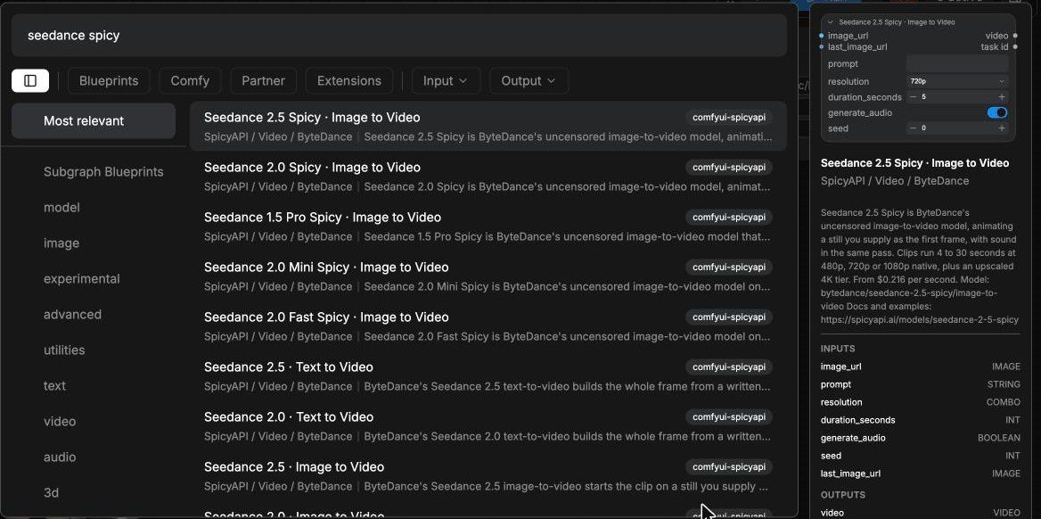 ComfyUI node search for "seedance spicy" listing SpicyAPI video nodes, with the model description and starting price in the preview panel