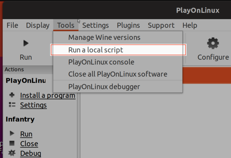 PlayOnLinux Tools Run Local Script