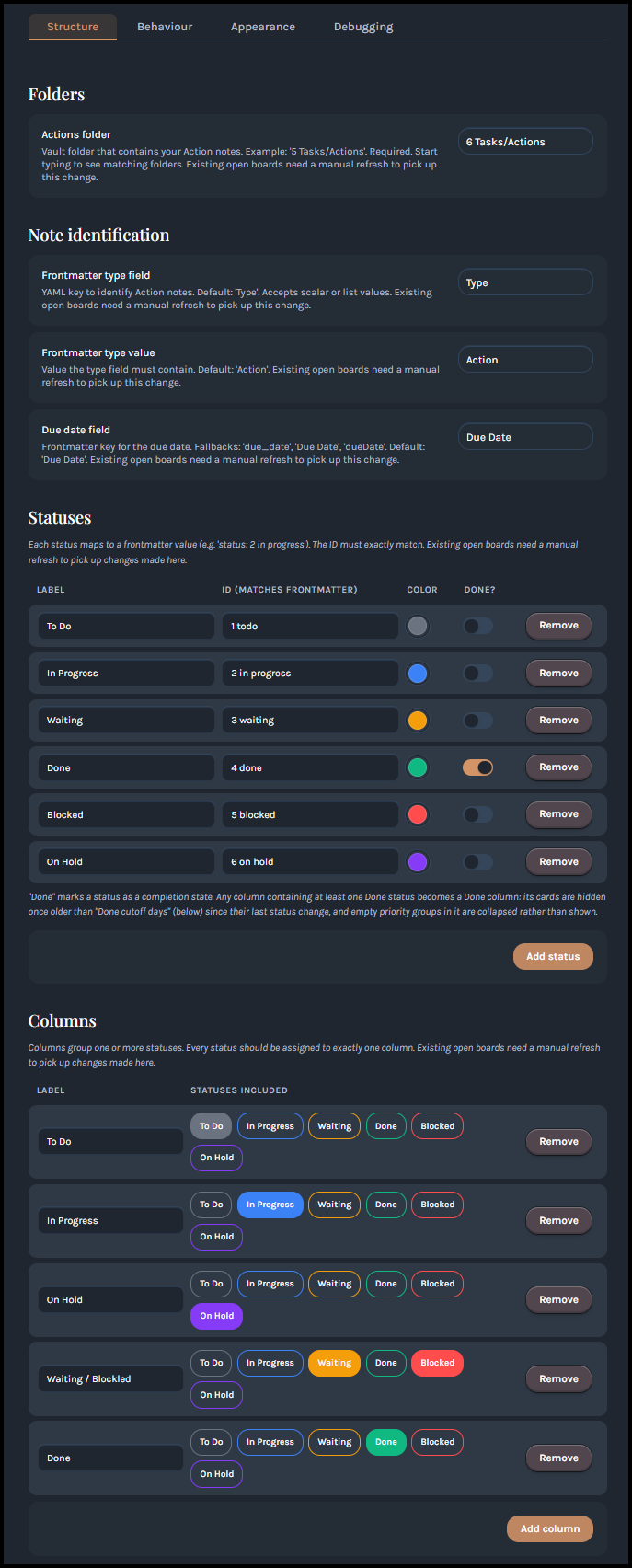 Settings — Statuses and Columns tables