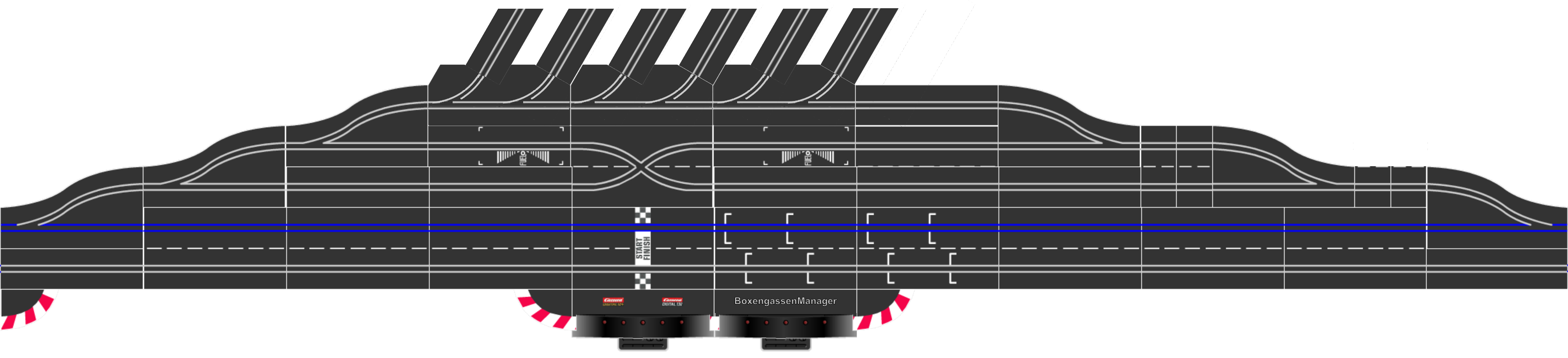 vollständige Pit Lane mit Garagenausfahrten