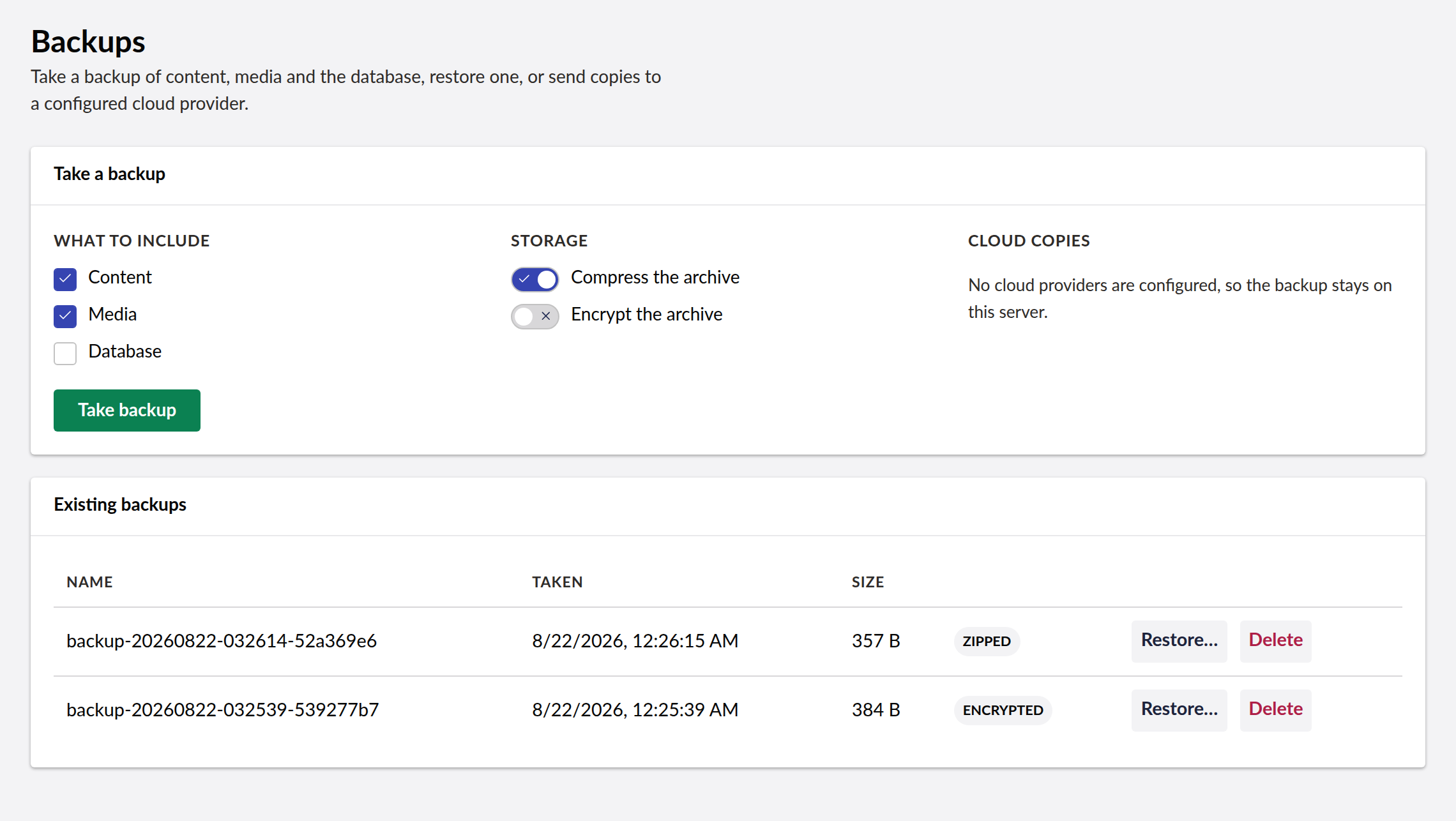 Backups dashboard
