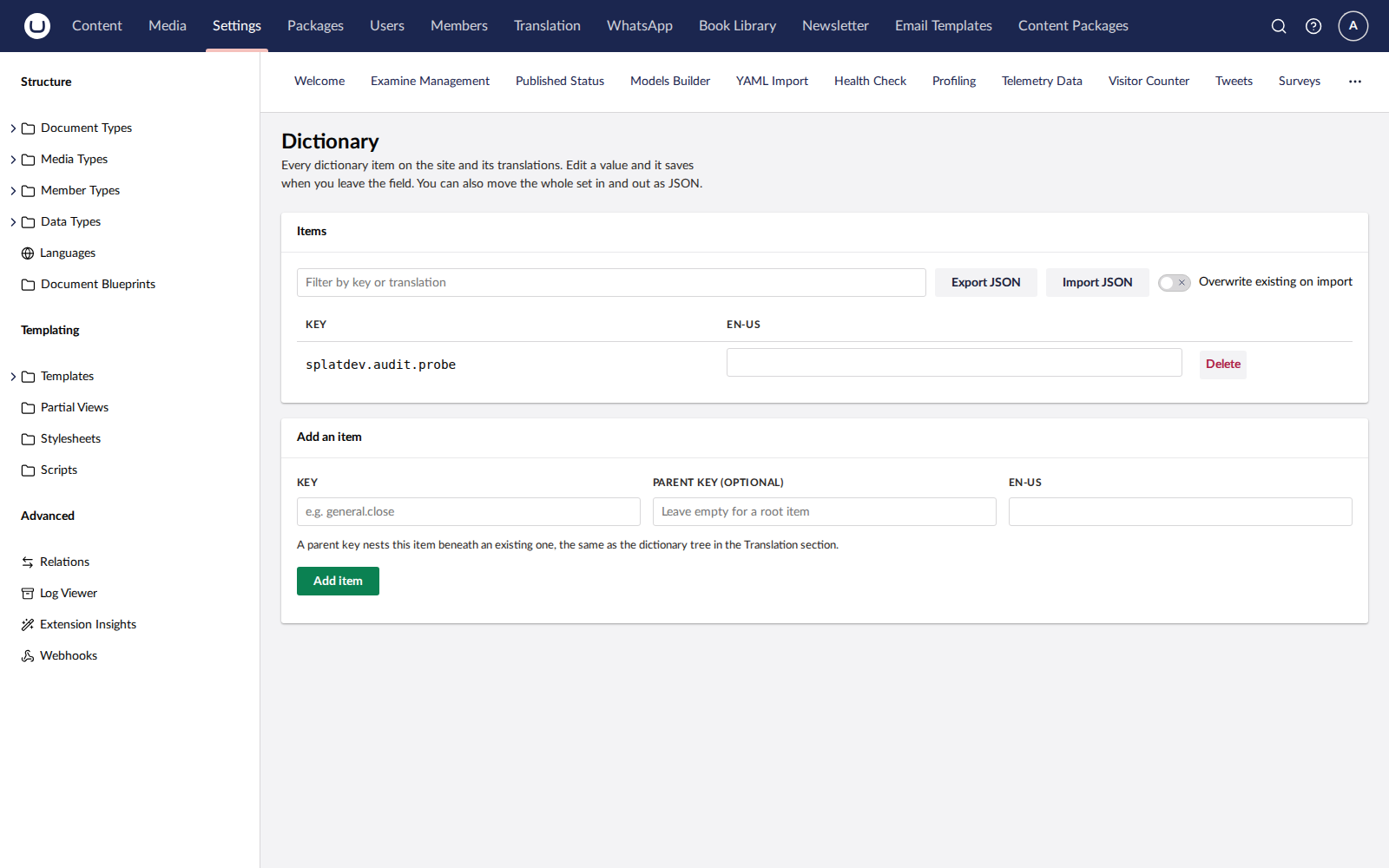 DictionaryManager dashboard