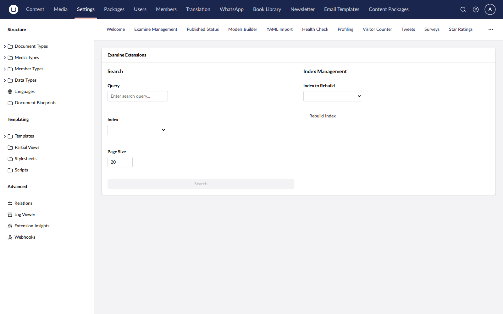 ExamineExtensions dashboard