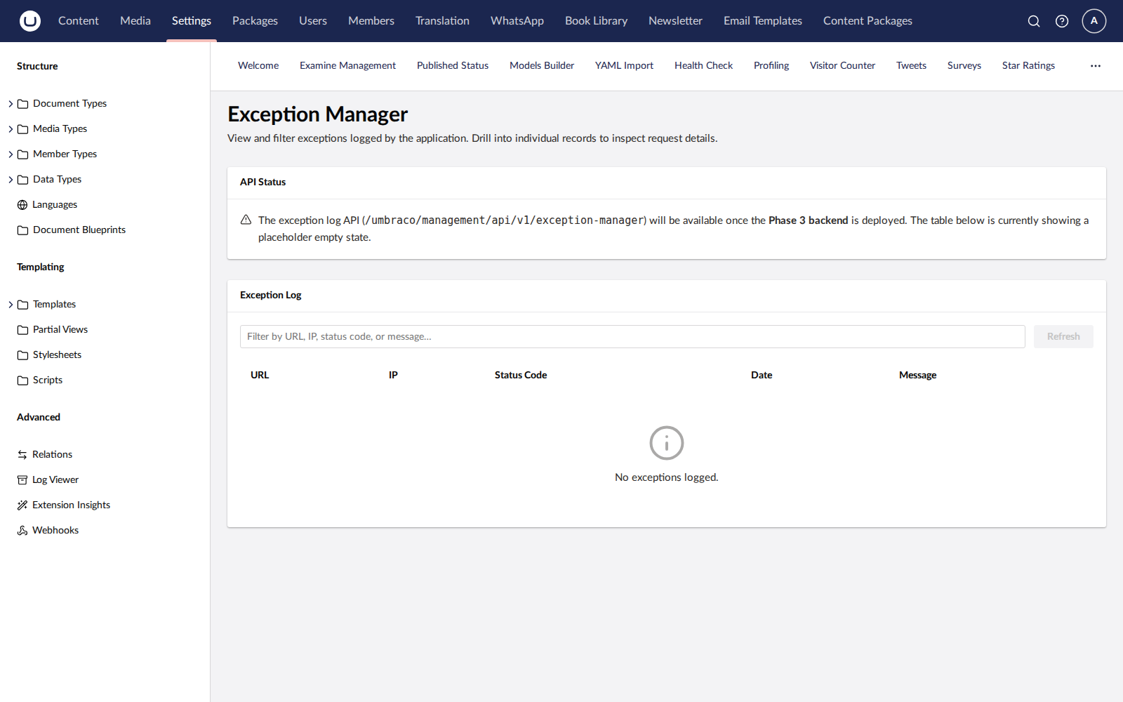ExceptionManager dashboard