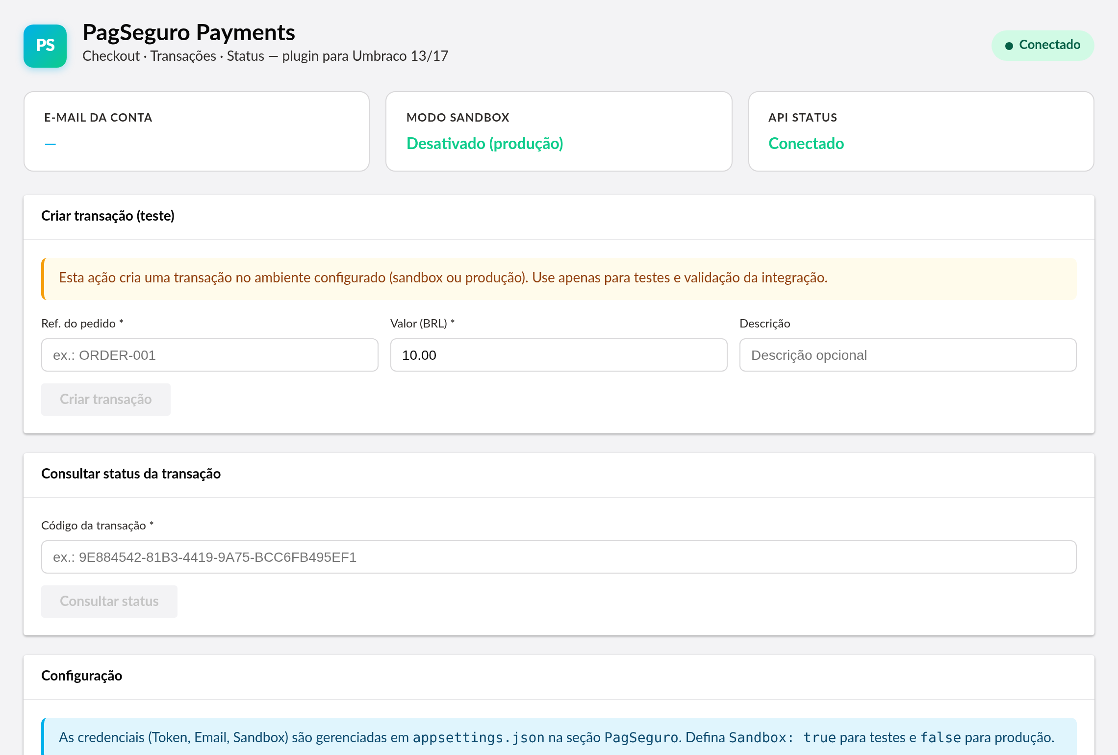 Payments.PagSeguro dashboard