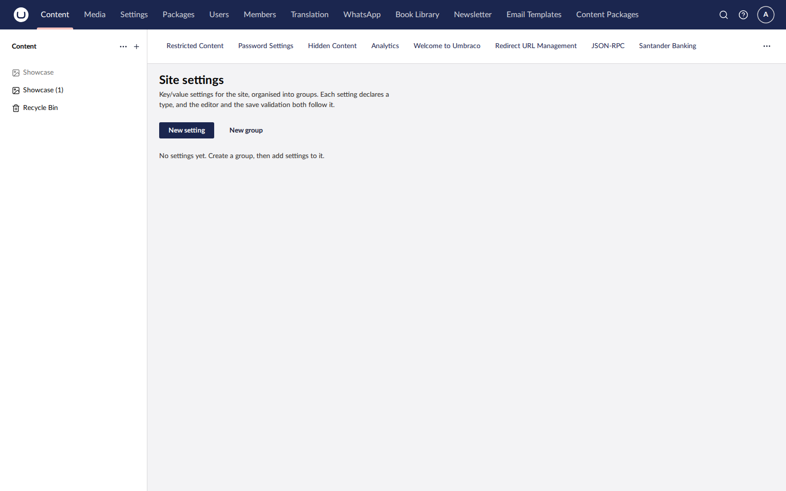 Settings dashboard