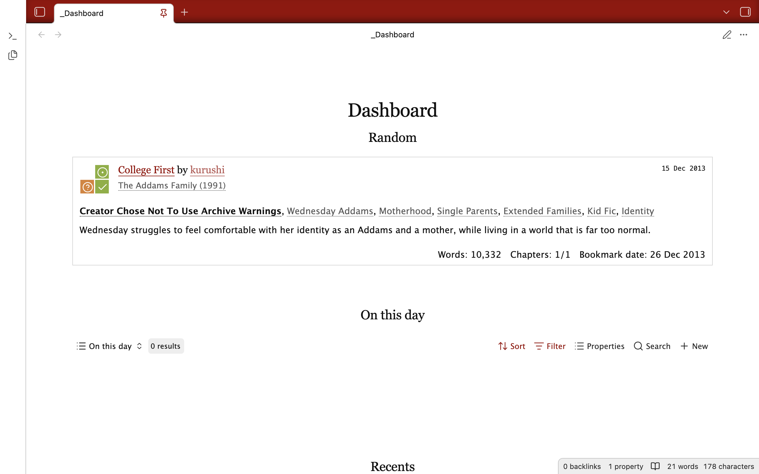 A screenshot of the dashboard page