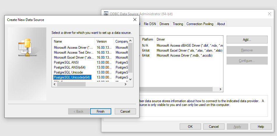 Creating PostgreSQL ODBC data source for Excel and Power Query