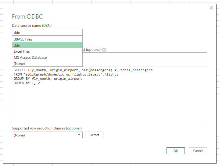 Select DDN ODBC data source in Excel and enter a query