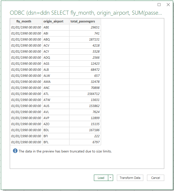 Query results loaded into Excel