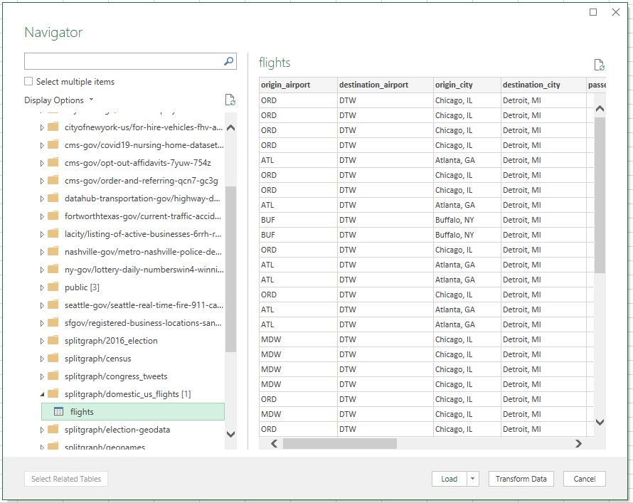 Datasets from Splitgraph DDN explored in Power Query Navigator
