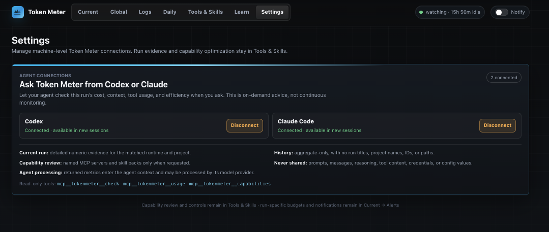 Token Meter Settings view for connecting read-only access from Codex and Claude Code