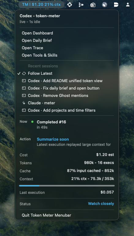 Token Meter macOS menu bar showing dashboard shortcuts, recent Claude, Codex, and Cursor sessions, model, available metrics, and context pressure