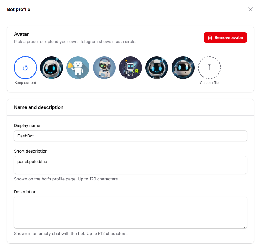 Bot profile slide-over with preset avatars, display name and descriptions