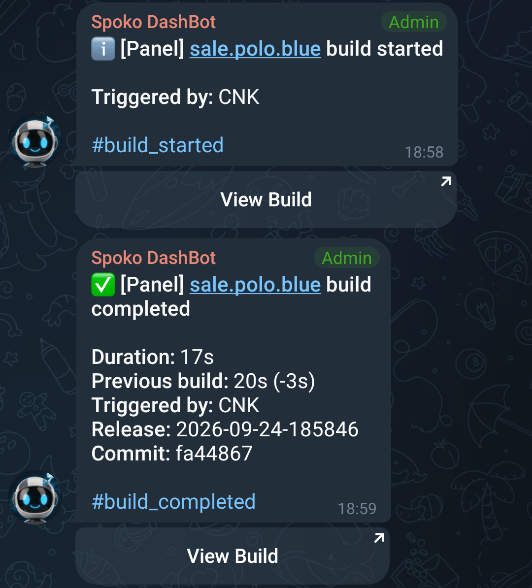 Two Telegram messages from the bot: build started, then build completed with duration, release and commit fields, a #build_completed hashtag and a View Build button