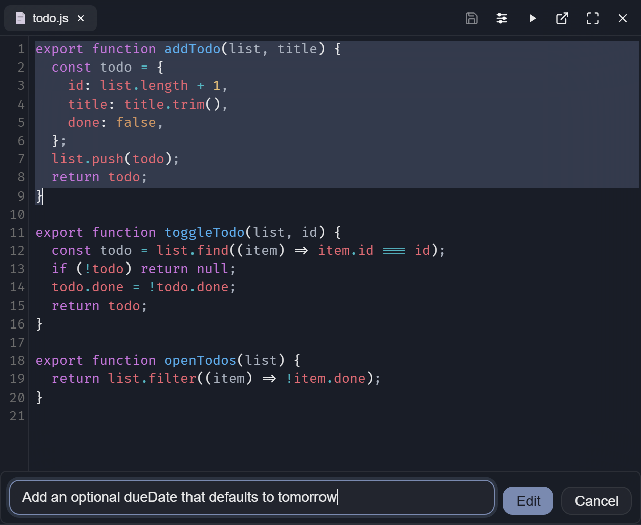addTodo selected, with the edit prompt under the selection.