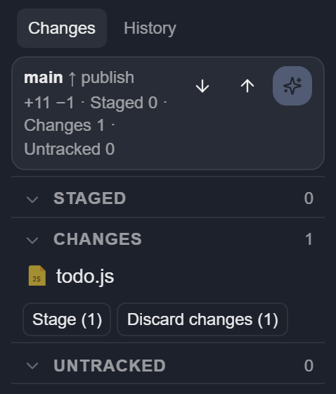 The Git panel on main, with todo.js changed: 11 lines added, 1 removed.