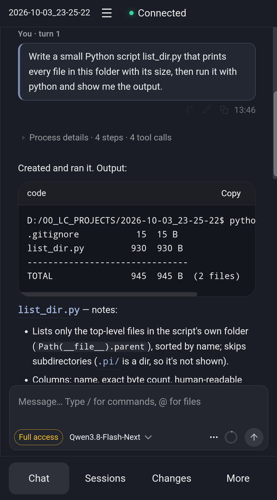SPOPI on a phone: Pi wrote list_dir.py, ran it, and shows the file sizes. Chat, Sessions, Changes, and More tabs at the bottom.