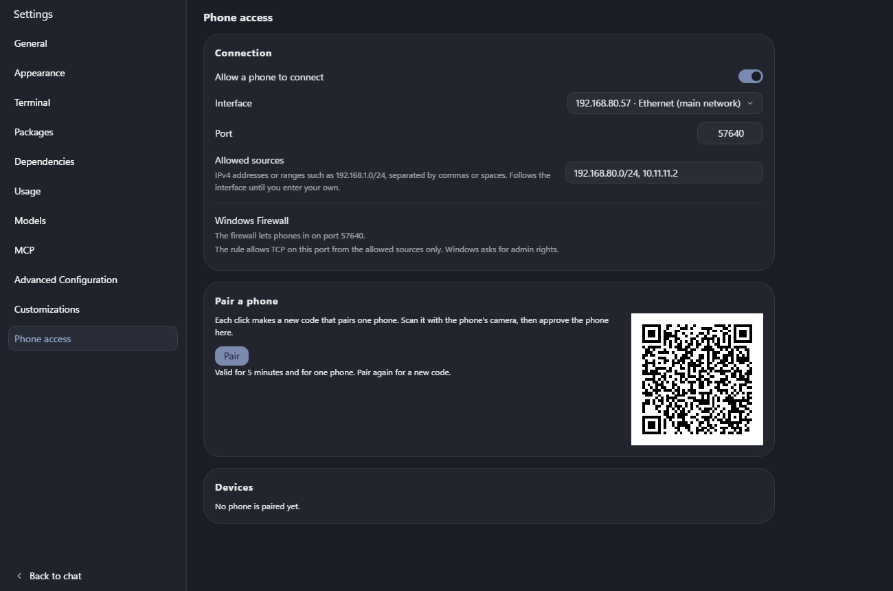 Settings → Phone access, with a pairing QR code open.