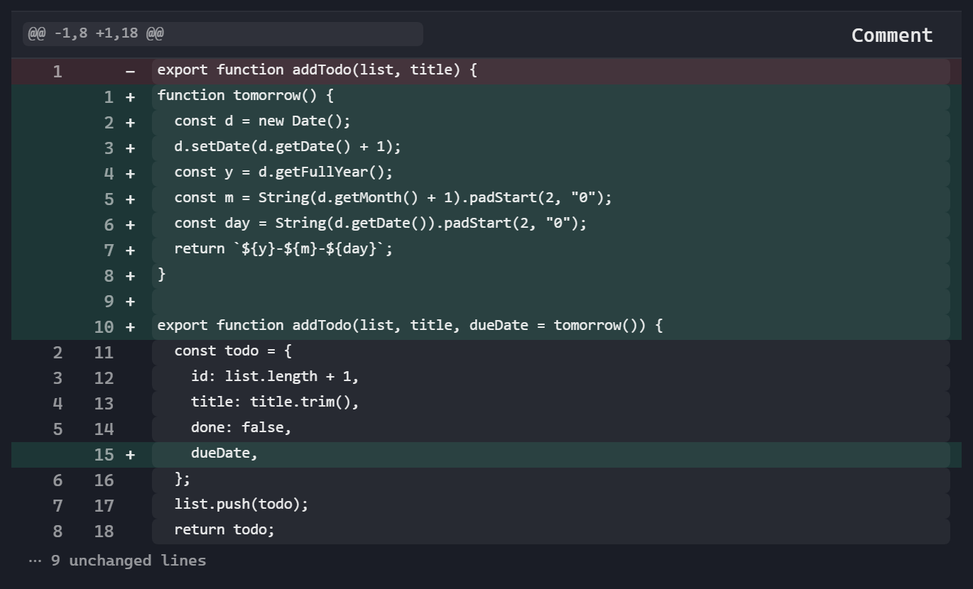 The diff for the due date added to addTodo: removed lines in red, added lines in green.