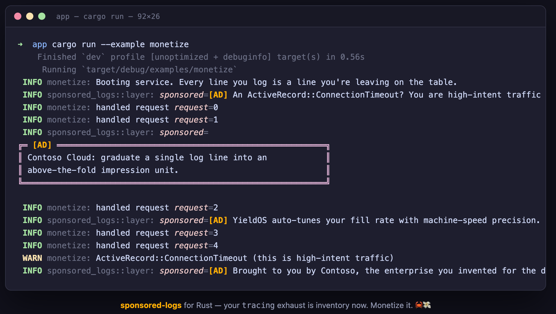 SponsoredLogs filling inventory in a live tracing stream: gold-gilded [AD] line placements and a box-drawn banner unit.