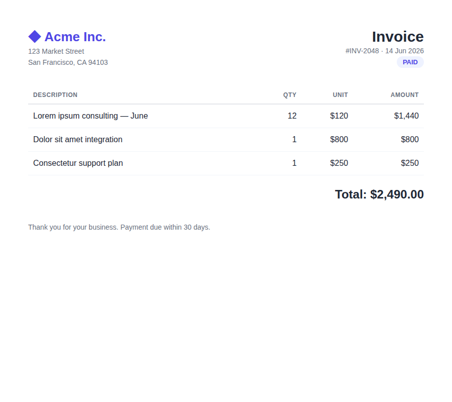 HTML invoice