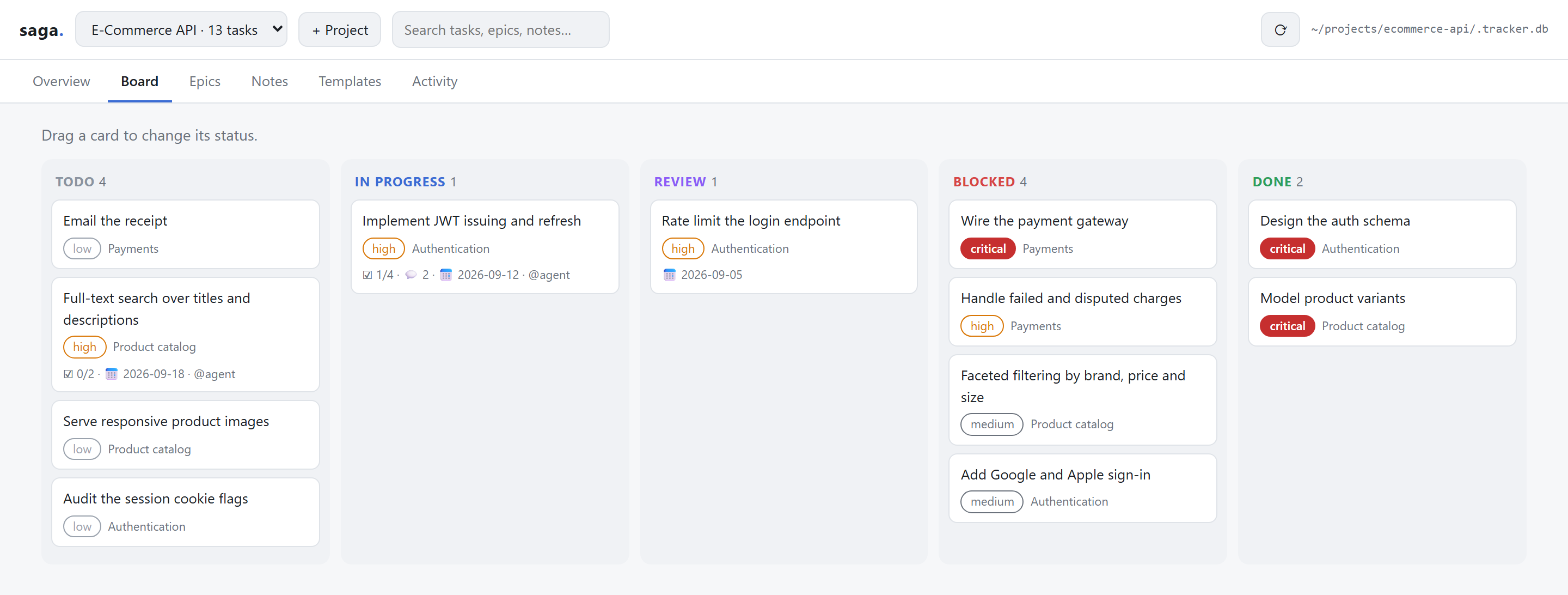 The board: five columns, one per task status