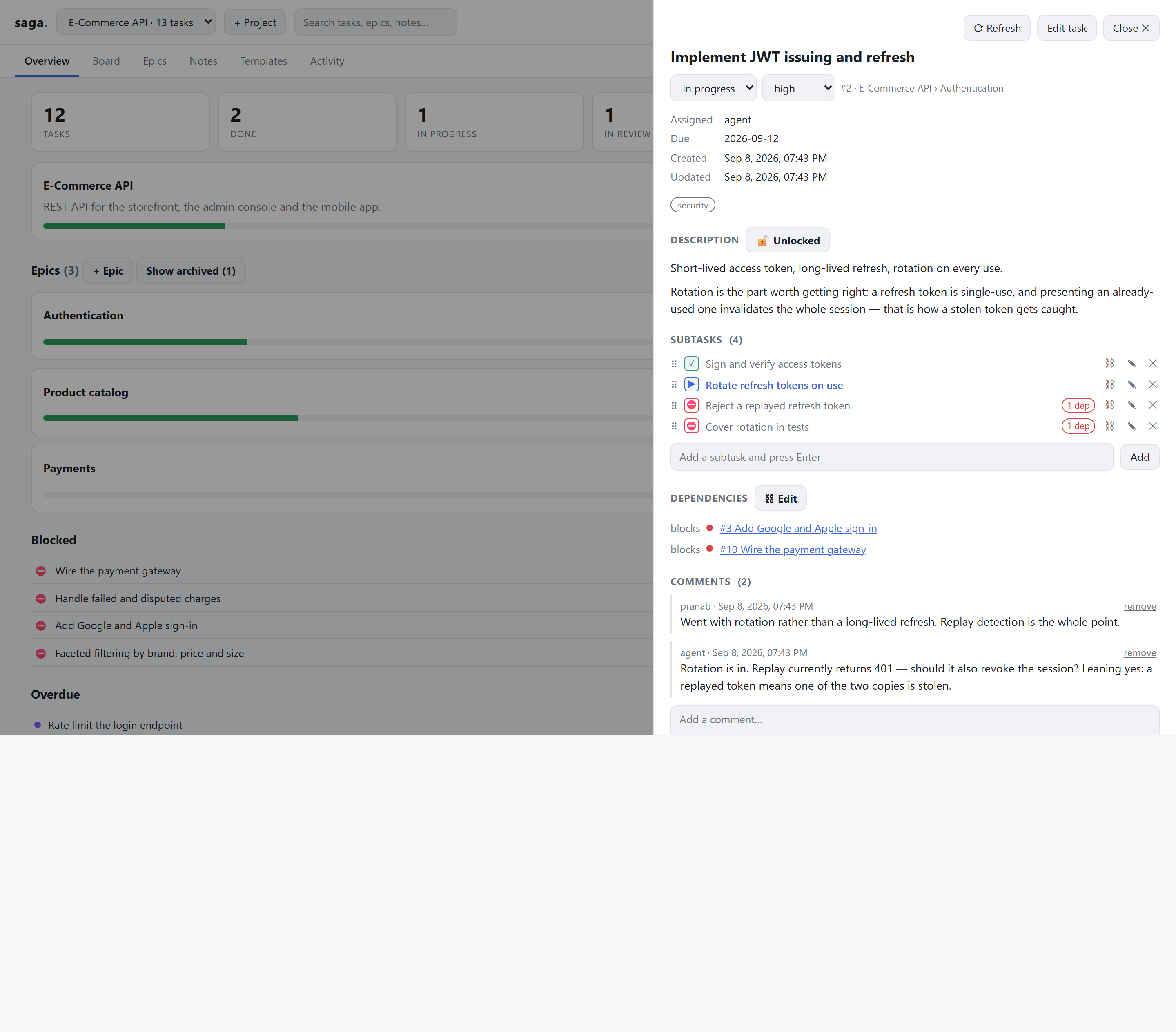 The task drawer: subtasks with their state, dependencies both ways, and the comment thread